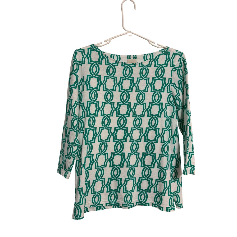 Chico's Top Geometric Trellis White Green 3/4 Sleeve Boat Neck Size 0 Small